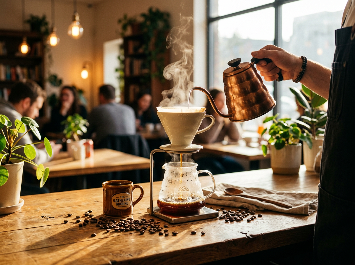 Artisanal pour-over coffee brewing setup with rich amber tones